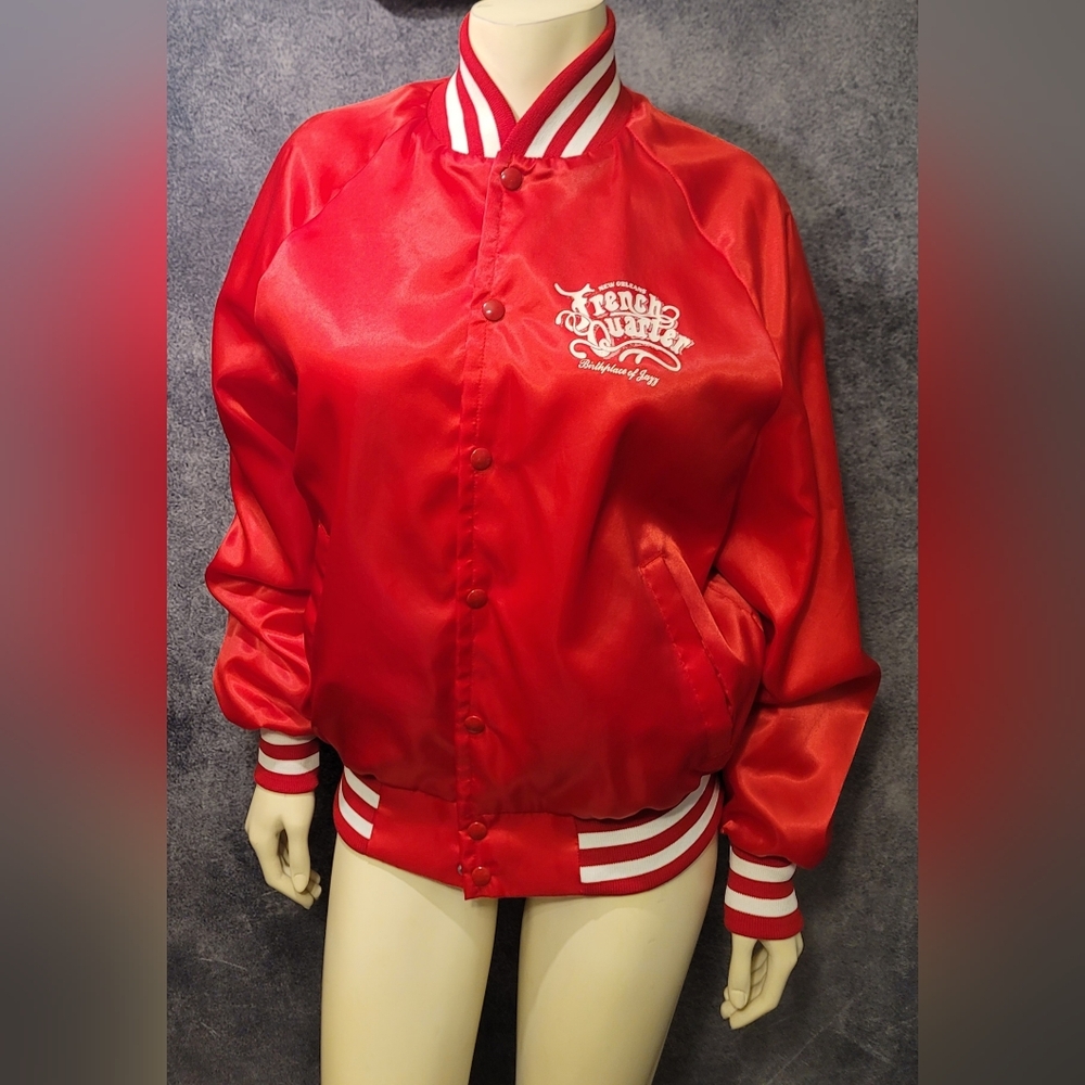 VTG New Orleans French Quarter Red Satin Snap Jazz Jacket Mardi Gras Unisex Med